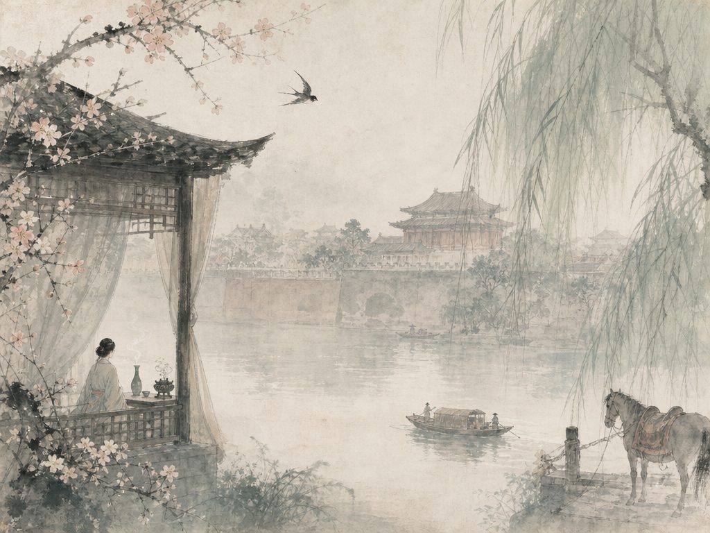 《莺啼序》水墨写意背景插图：婉约柔美，酒、香、燕、城。