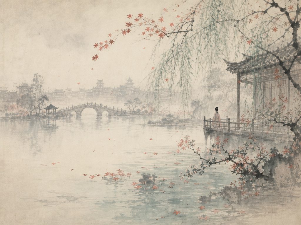 《惜黄花慢》水墨写意背景插图：婉约柔美，霜、枫、桥、城。