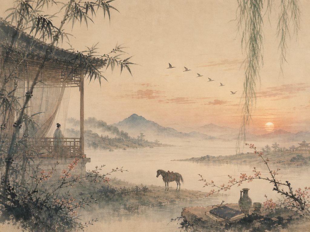 《高阳台》水墨写意背景插图：婉约柔美，竹、马、山、雁。
