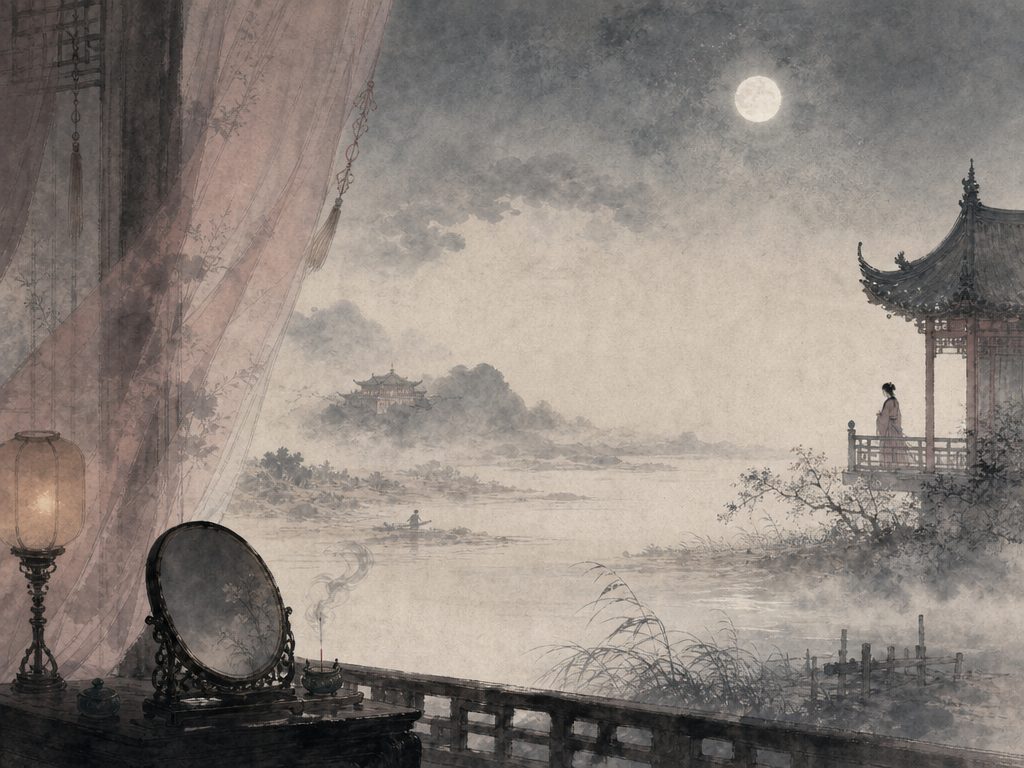 《高阳台》水墨写意背景插图：闺怨相思，宫、云、野、水。