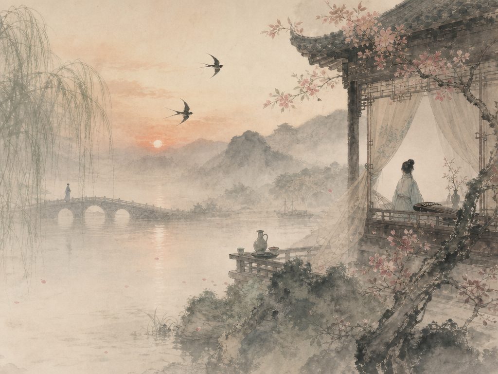 《三姝媚》水墨写意背景插图：婉约柔美，湖、山、酒、门。