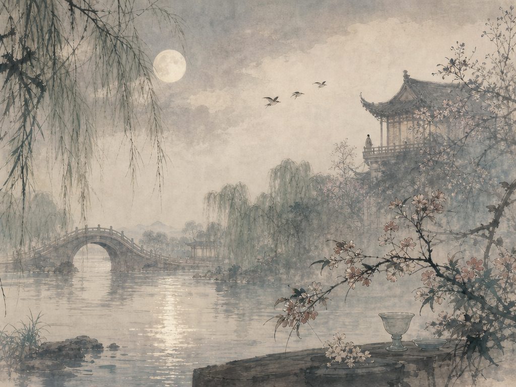 《夜合花》水墨写意背景插图：婉约柔美，柳、河、桥、莺。