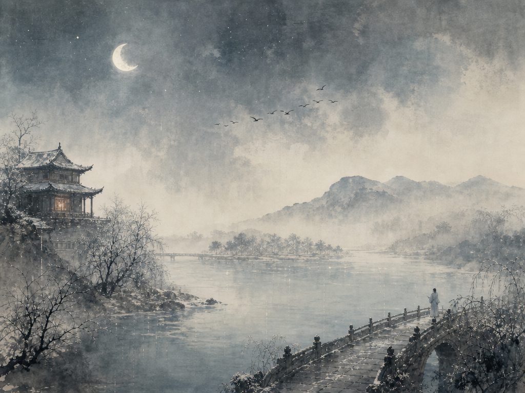 《夜游宫》水墨写意背景插图：清冷孤寂，西楼、雁、云、星。