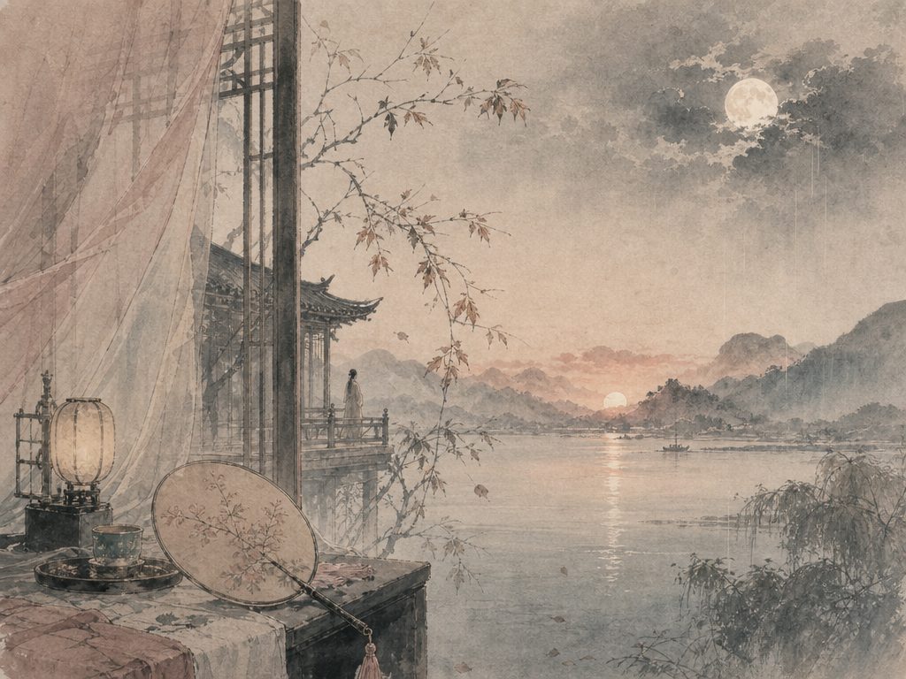 《鹧鸪天》水墨写意背景插图：闺怨相思，衣、夕阳、云、雨。