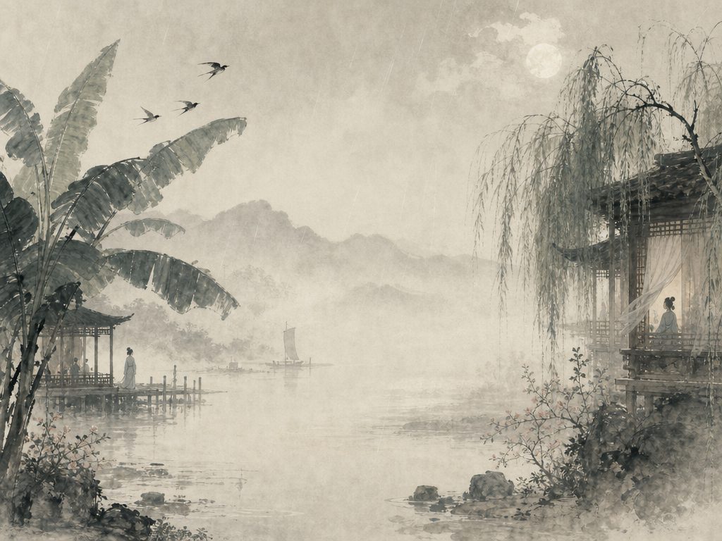 《唐多令》水墨写意背景插图：离愁别绪，芭蕉、雨、明月、楼。