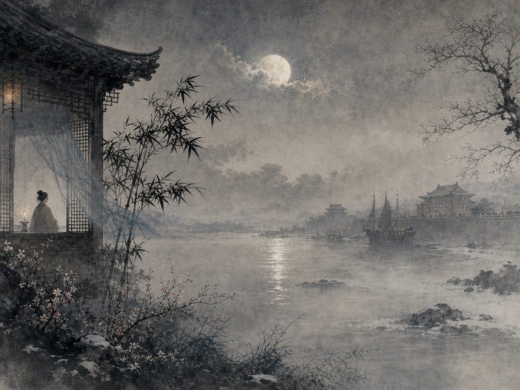 《金缕歌・贺新郎》水墨写意背景插图：清冷孤寂，云、东风、宫、月明。
