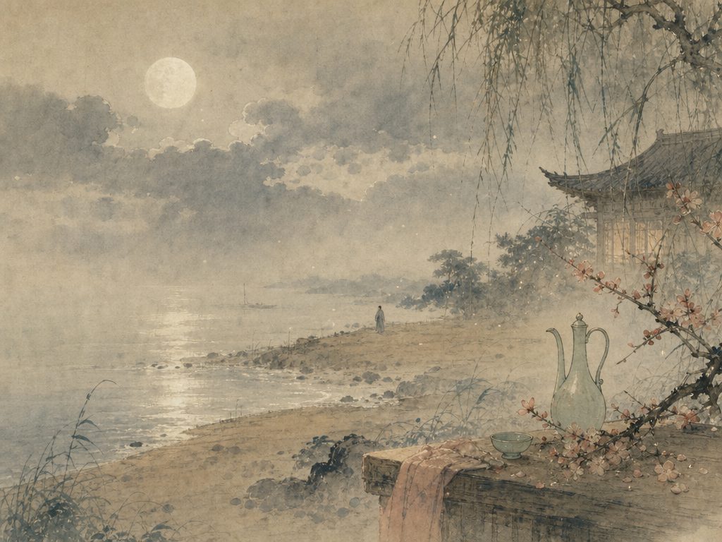 《花犯》水墨写意背景插图：婉约柔美，月、风、壶、花。