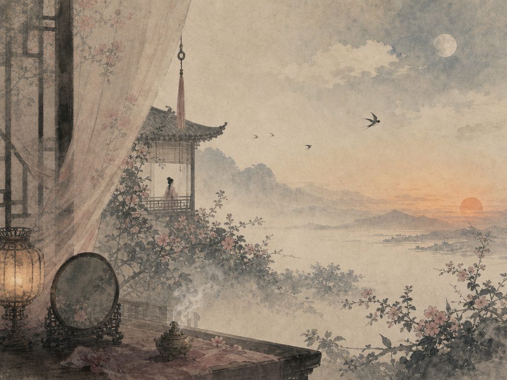 《浣溪沙》水墨写意背景插图：闺怨相思，门、花、夕阳、燕。