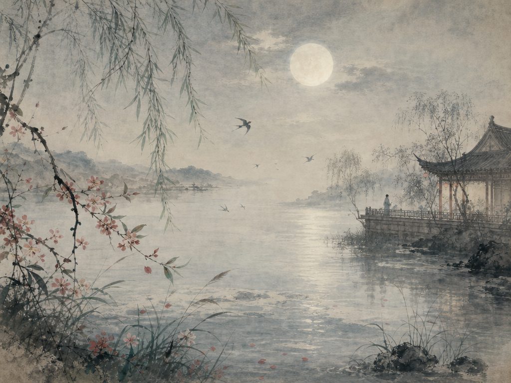 《浣溪沙》水墨写意背景插图：婉约柔美，花、月明、阁、江。