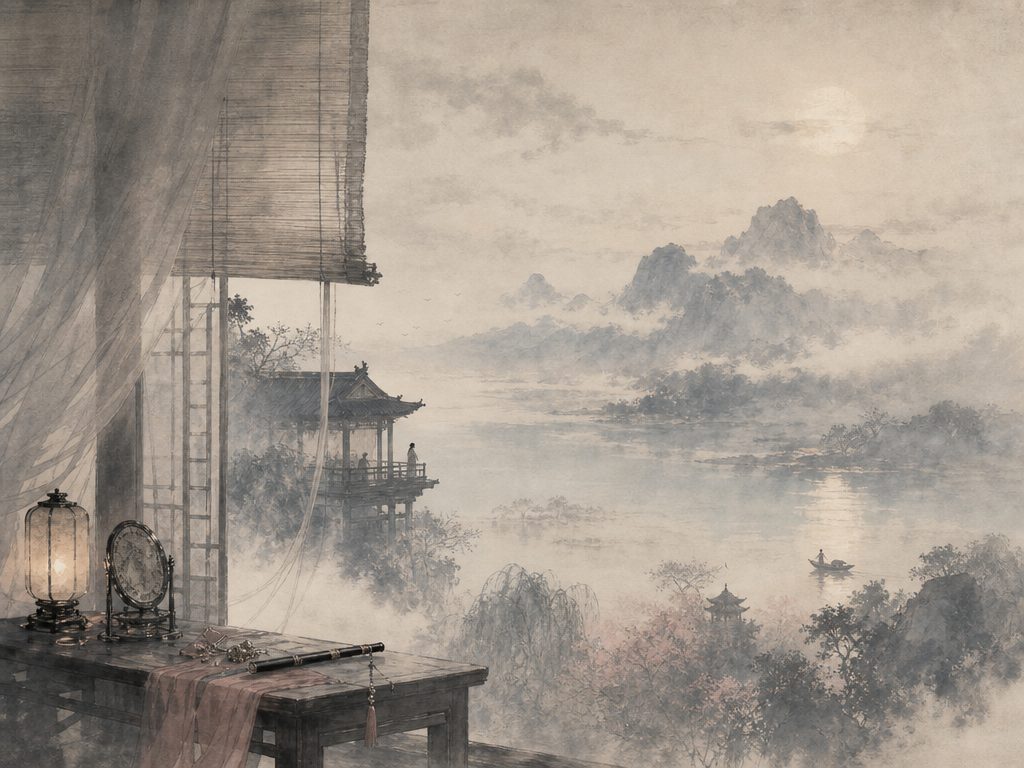 《点绛唇》水墨写意背景插图：闺怨相思，云、灯、水、小楼。