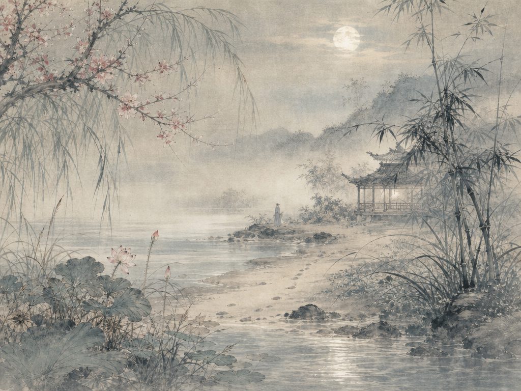 《祝英台近》水墨写意背景插图：婉约柔美，香、苑、竹、草。