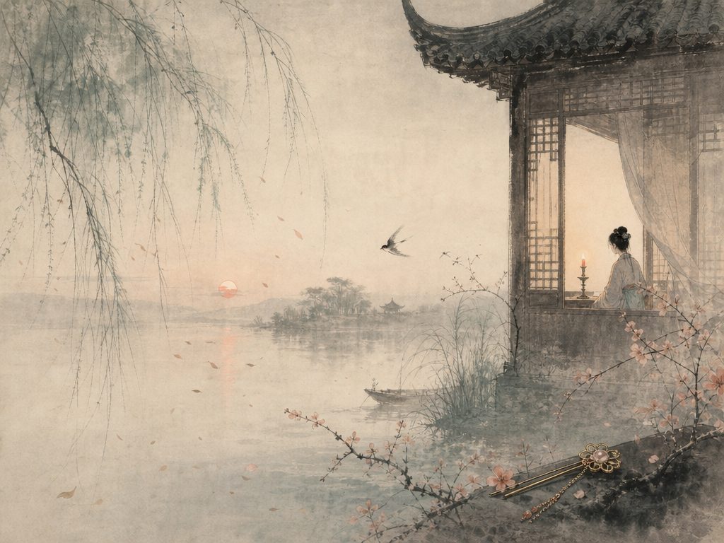 《祝英台近》水墨写意背景插图：婉约柔美，花、钗、日、东风。