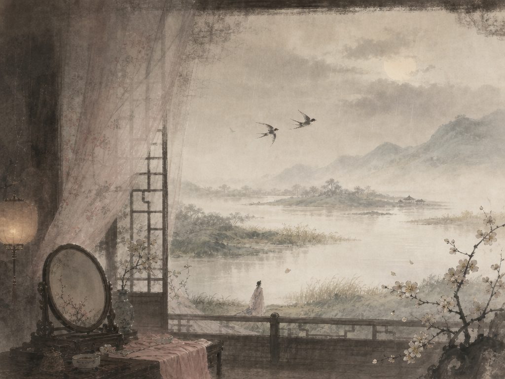 《澡兰香》水墨写意背景插图：闺怨相思，露、云、窗、裙。