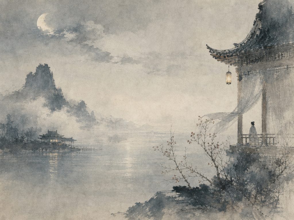《天香》水墨写意背景插图：清冷孤寂，烟、月、宫、水。