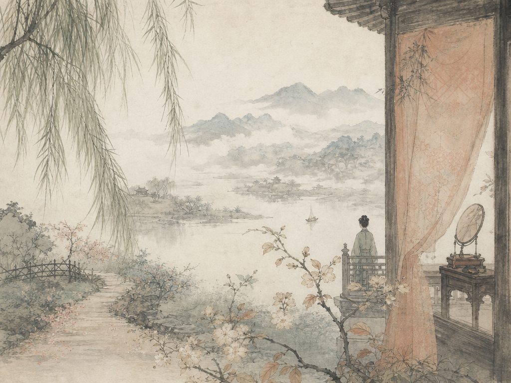 《眉妩》水墨写意背景插图：婉约柔美，柳、香、径、帘。