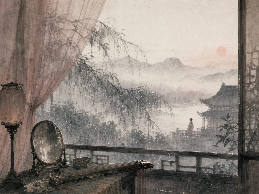 《齐天乐》水墨写意背景插图：闺怨相思，宫、树、窗、雨。