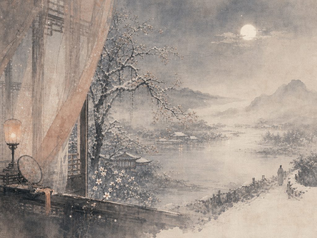 《高阳台》水墨写意背景插图：闺怨相思，雪、帘、窗、水。