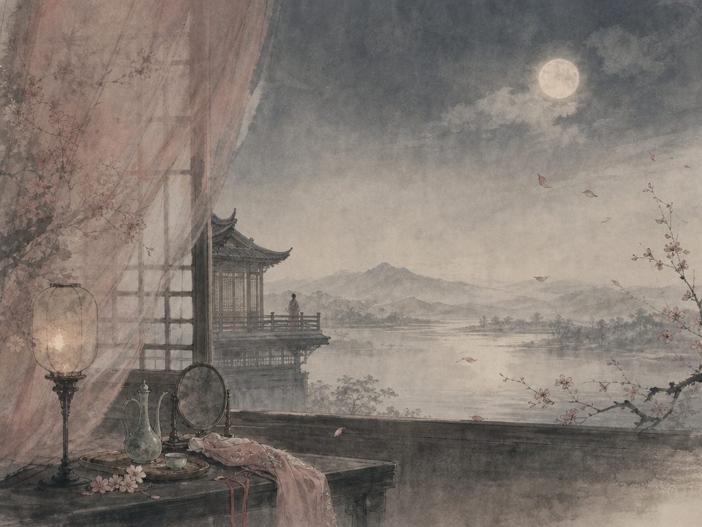 《法曲献仙音》水墨写意背景插图：闺怨相思，酒、明月、东风、花。
