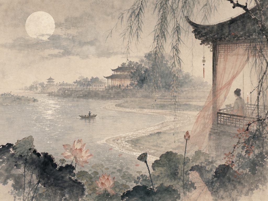 《宝鼎现》水墨写意背景插图：婉约柔美，月、楼、台、香。