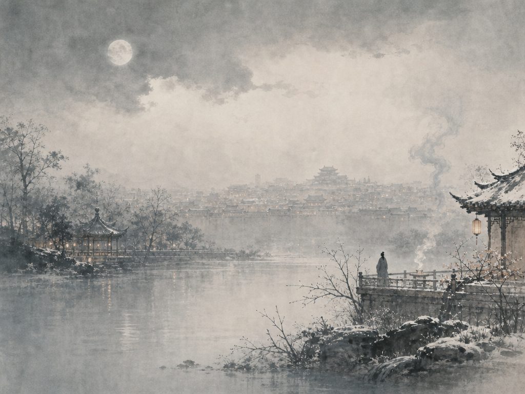 《永遇乐》水墨写意背景插图：清冷孤寂，月、云、苑、湖。