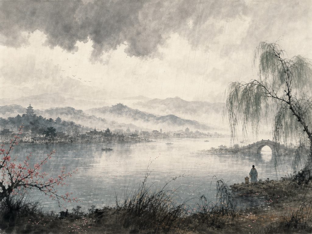 《摸鱼儿》水墨写意背景插图：豪放壮阔，酒、西湖、烟柳、细雨。