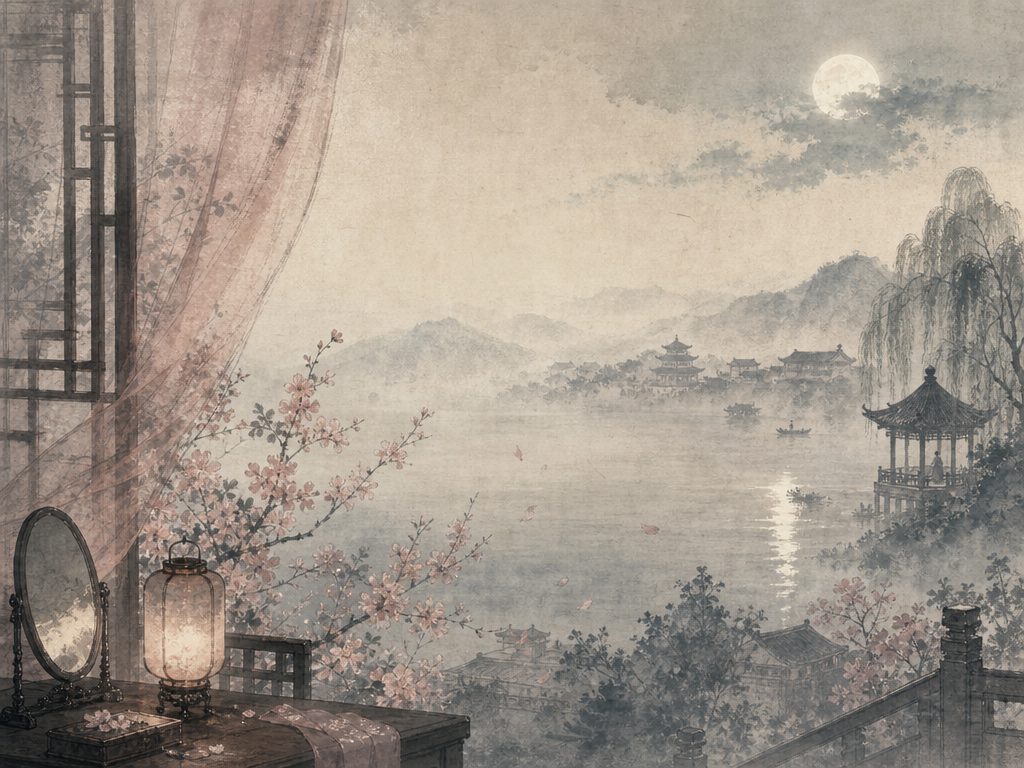 《绣鸾凤花犯・花犯》水墨写意背景插图：闺怨相思，花、江、东风、香。