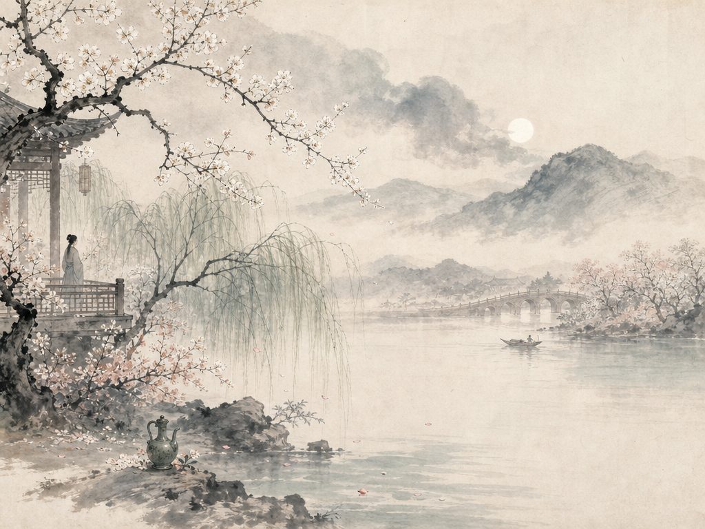 《瑶花慢》水墨写意背景插图：婉约柔美，江、梨、云、梅。