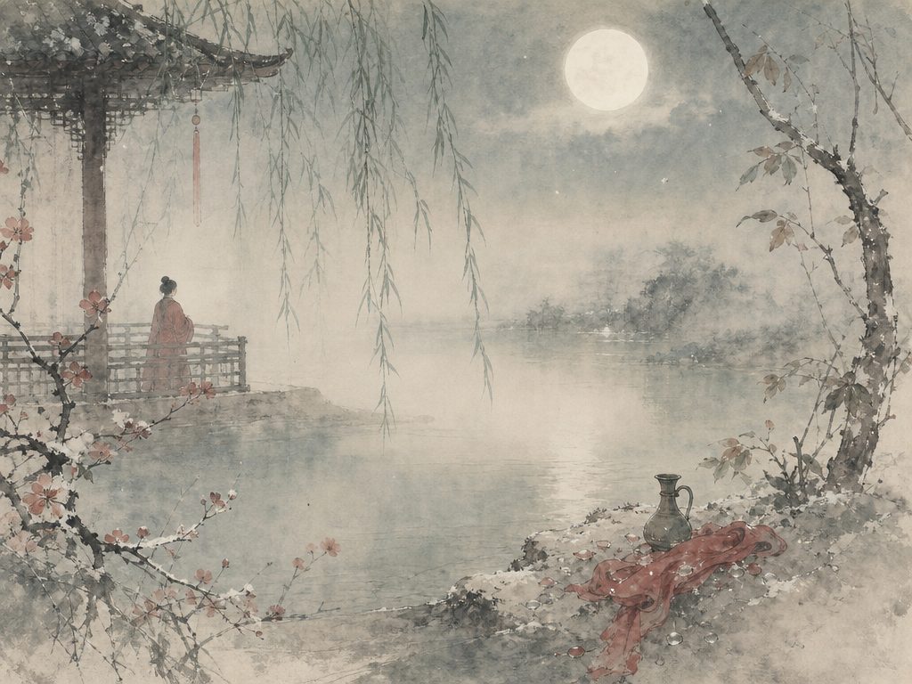 《玉京秋》水墨写意背景插图：婉约柔美，烟、水、衣、桐。