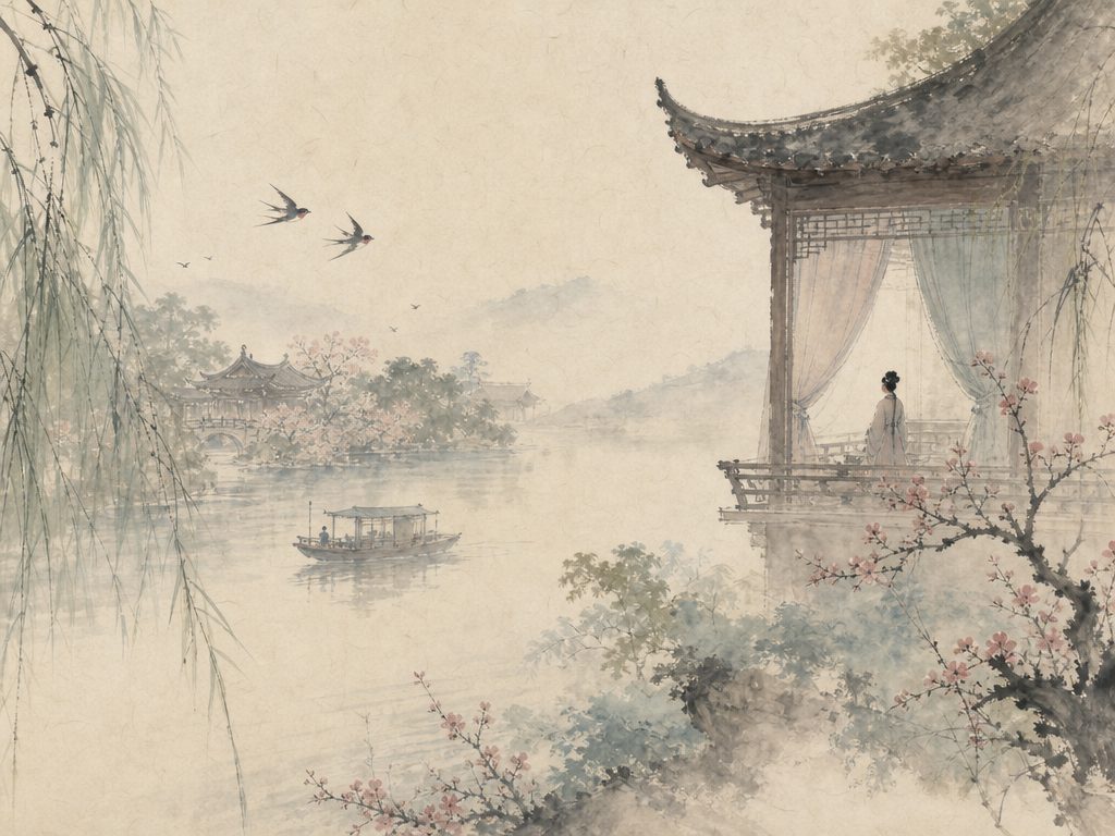 《曲游春》水墨写意背景插图：婉约柔美，苑、东风、燕、莺。