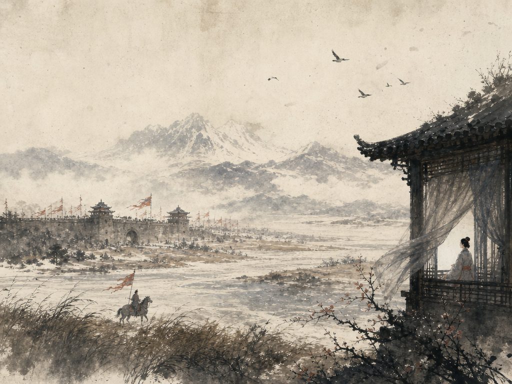 《高阳台》水墨写意背景插图：豪放壮阔，野、马、平沙、风。