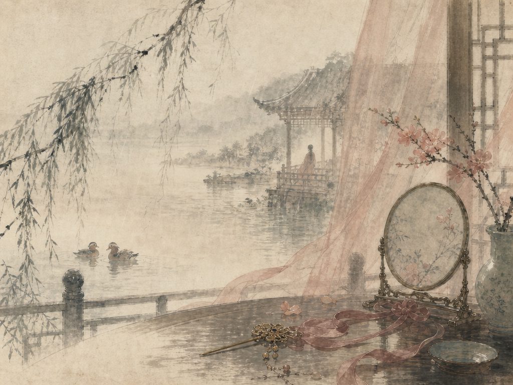 《摸鱼儿》水墨写意背景插图：婉约柔美，西风、烟、水、罗带。