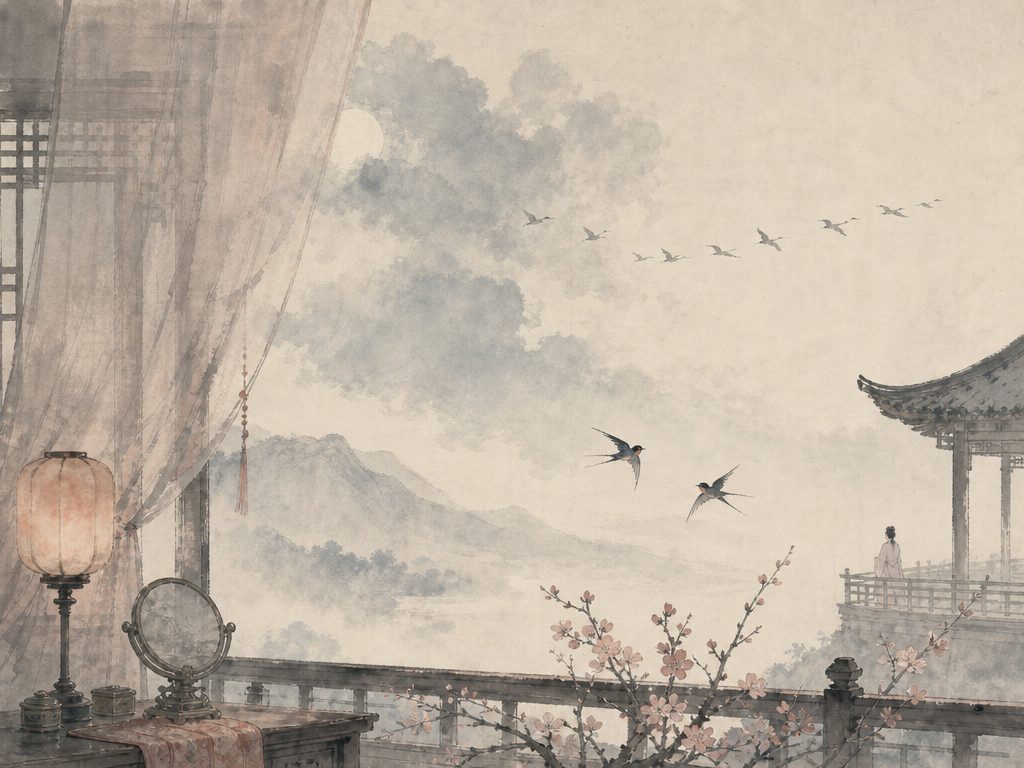 《瑞鹤仙》水墨写意背景插图：闺怨相思，云、雁、花、双燕。
