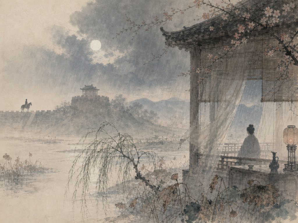 《大有》水墨写意背景插图：婉约柔美，马、台、花、山。