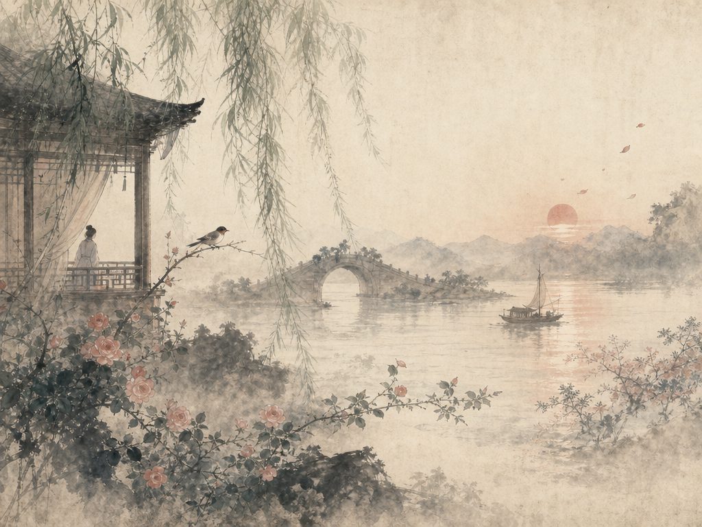 《高阳台》水墨写意背景插图：婉约柔美，莺、桥、日、船。