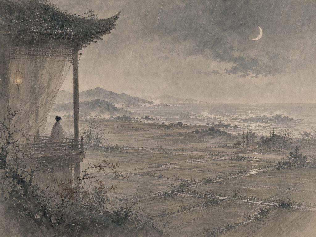 《渡江云》水墨写意背景插图：清冷孤寂，山、海、楼、风。