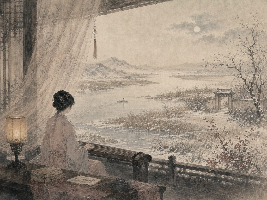 《解连环》水墨写意背景插图：闺怨相思，江、沙、草、水。