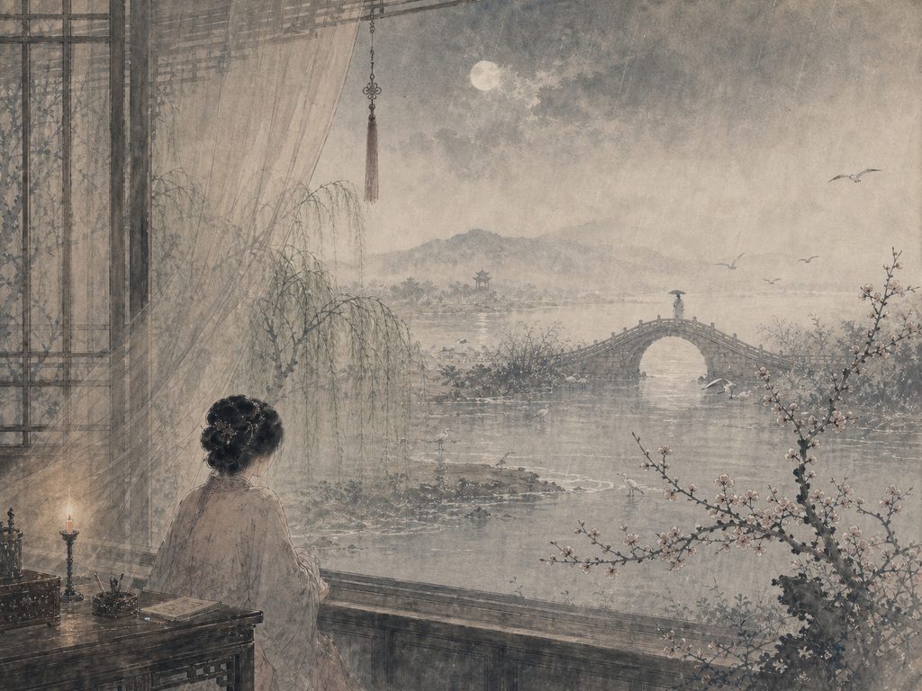 《月下笛》水墨写意背景插图：闺怨相思，云、窗、柳、夜雨。