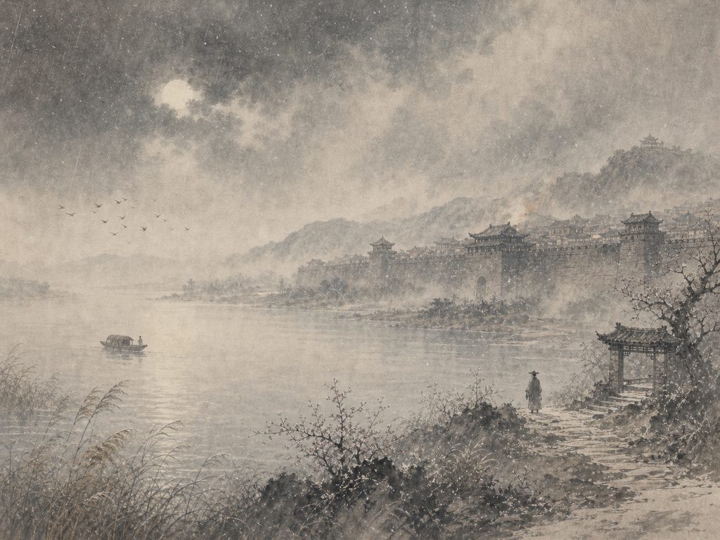 《解佩环・疏影》水墨写意背景插图：清冷孤寂，江、渡、烟、雨。