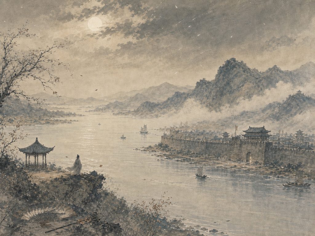 《六丑》水墨写意背景插图：豪放壮阔，东风、江、山、门。
