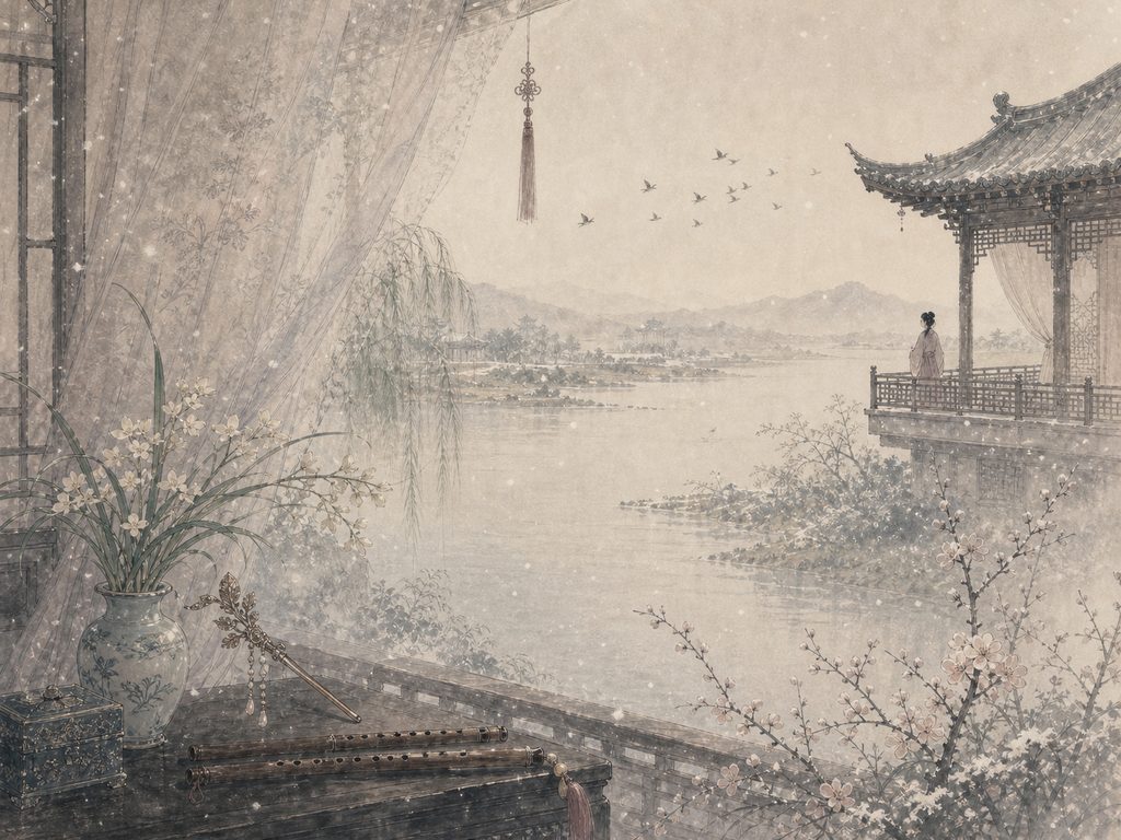 《女冠子》水墨写意背景插图：婉约柔美，花、香、雪、春风。