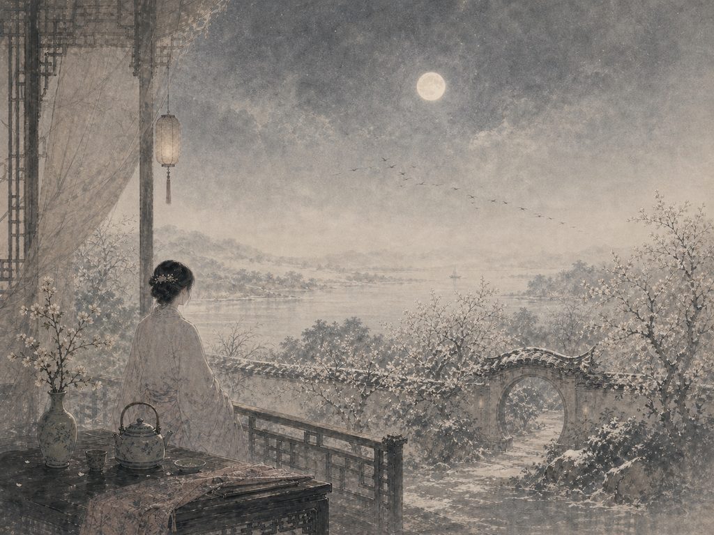 《瑞鹤仙》水墨写意背景插图：清冷孤寂，烟、雁、风、霜。