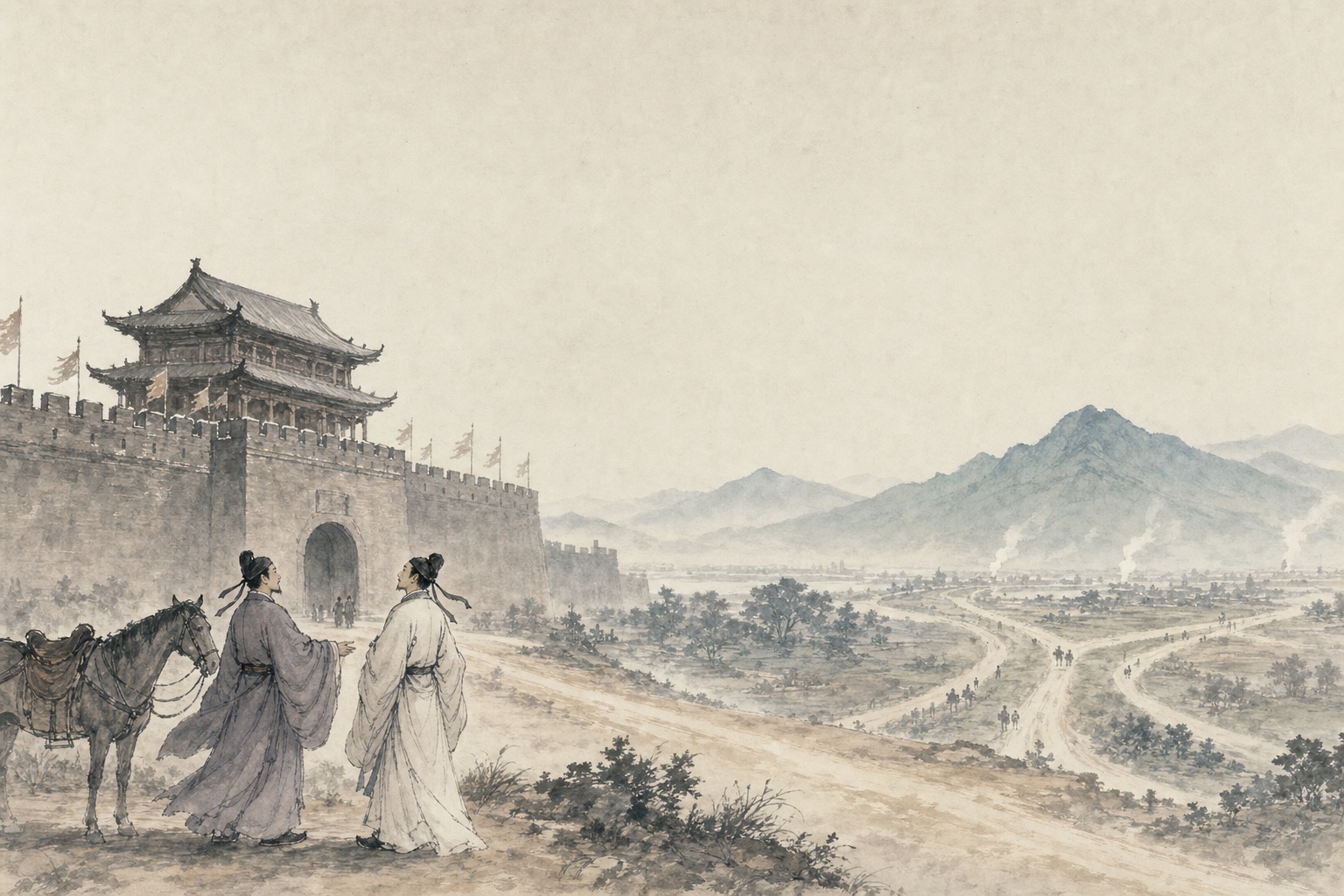 《送杜少府之任蜀州》水墨写意插图：城阙烟云之间，道路分向蜀州；海内知己，使离别不再逼仄。