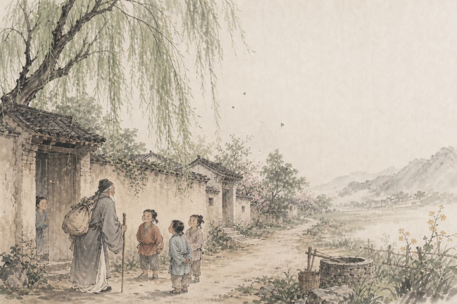 《回乡偶书》水墨写意插图：少小离家，老大归来；乡音未改，村童相问，故乡忽近忽远。