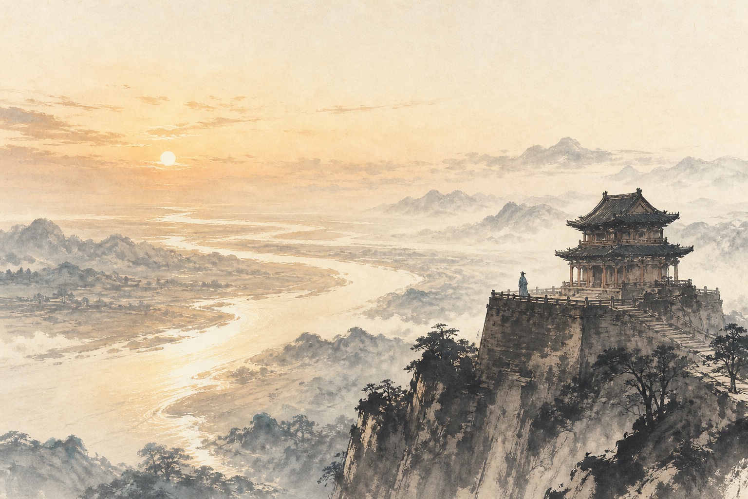 《登鹳雀楼》水墨写意插图：高楼临山河，落日与黄河远去。