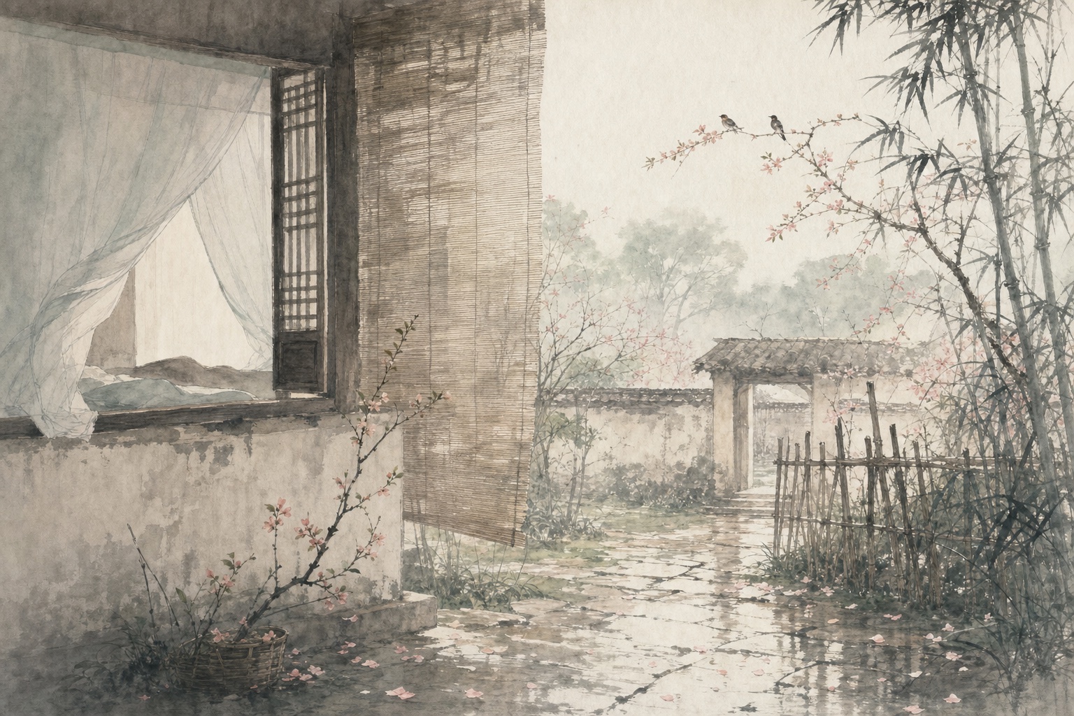 《春晓》水墨写意插图：雨后春晨，小院湿润，花落鸟鸣。