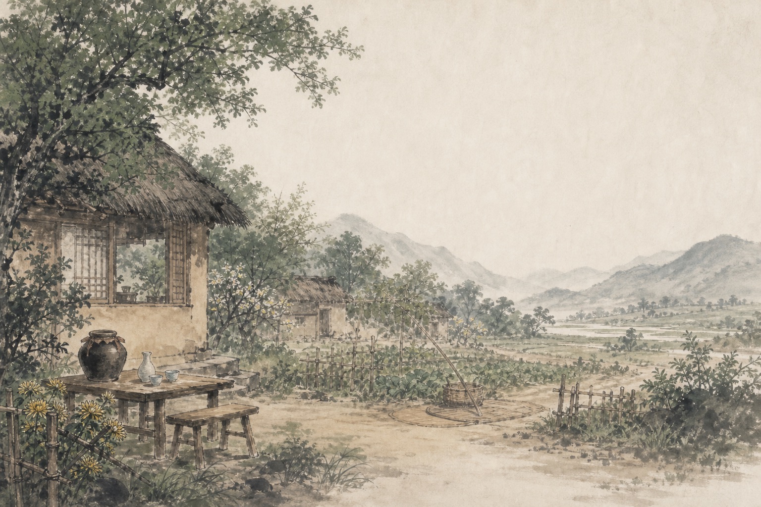 《过故人庄》水墨写意插图：故人村舍临青山绿树，开轩面场圃，把酒话桑麻。