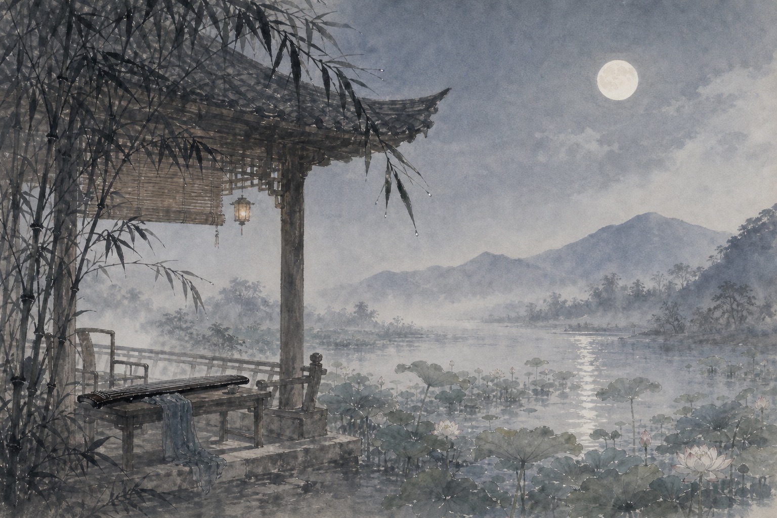 《夏日南亭怀辛大》水墨写意插图：夏夜南亭，荷风送爽，山月照池，空席与闲琴都在怀念故人。