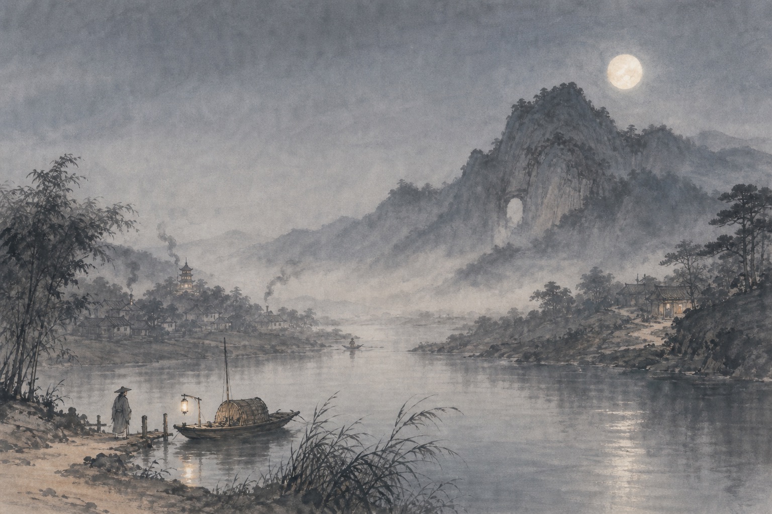 《夜归鹿门歌》水墨写意插图：江村烟火渐远，月照鹿门，孤舟沿夜色归向山中幽居。