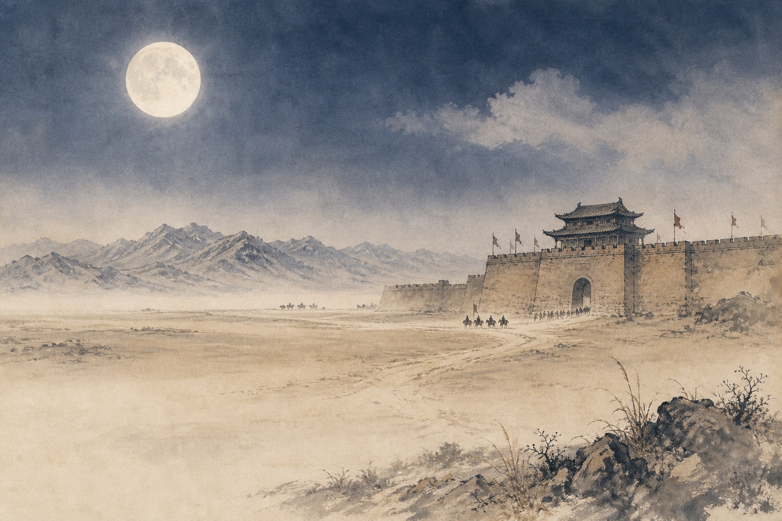 《出塞》水墨写意插图：明月照古关，长路入阴山，胡马远在塞外。