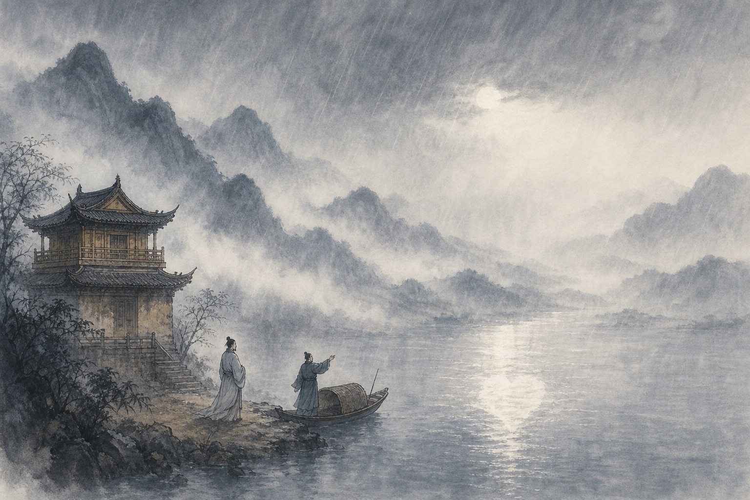 《芙蓉楼送辛渐》水墨写意插图：寒雨连江，楚山孤送；一片冰心随洛阳旧友远去。